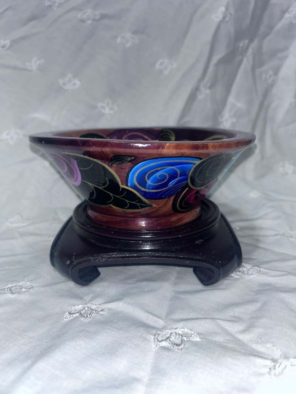 Vintage Hand-Painted Floral Wooden Decorative Bowl on Pedestal Stand